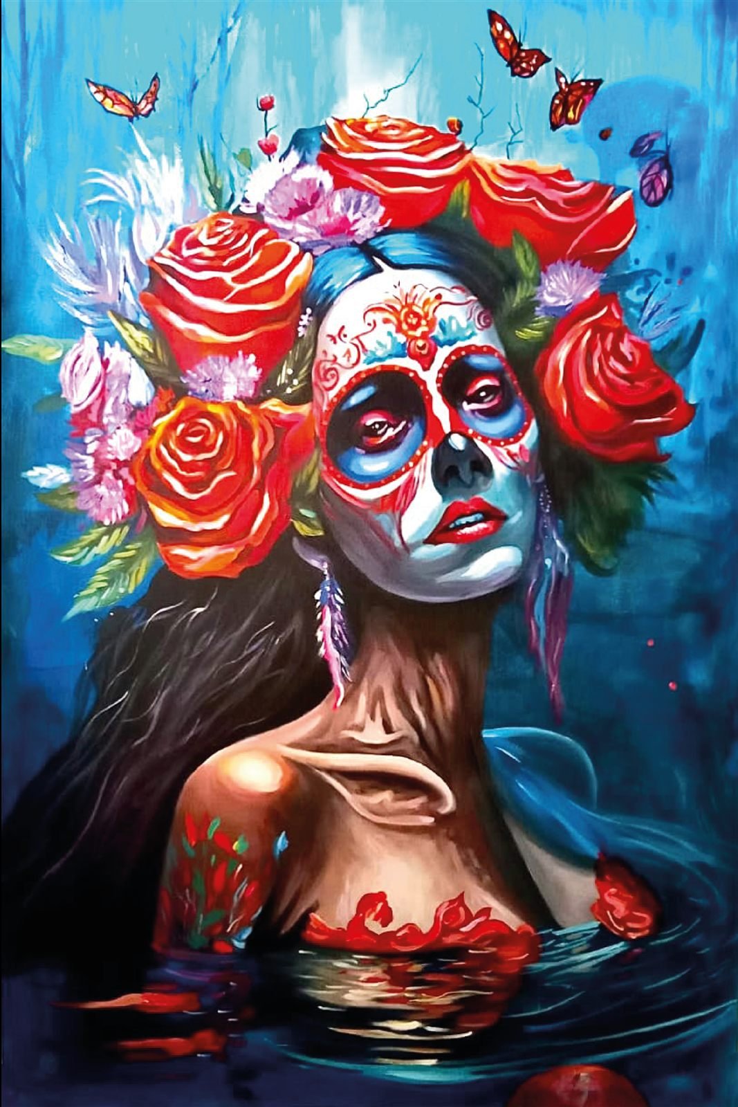 Painting of a woman with a sugar skull face design surrounded by roses