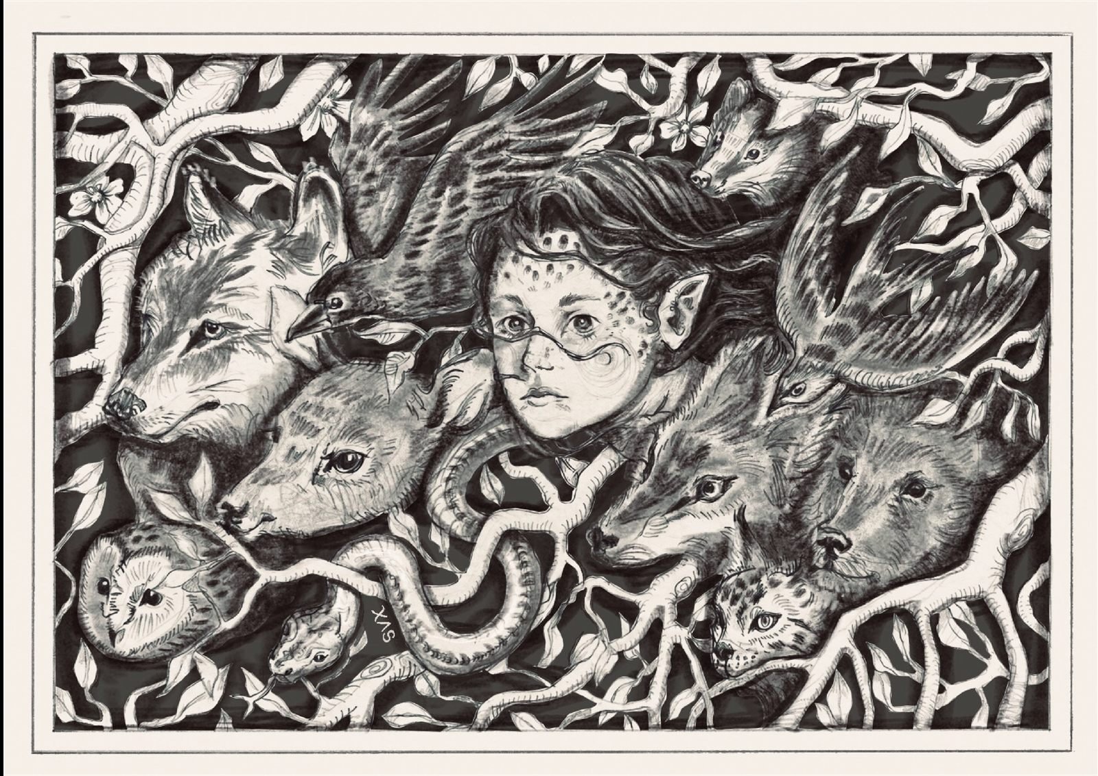 Ink illustration of a girl's face surrounded by wolf, deer and bird heads