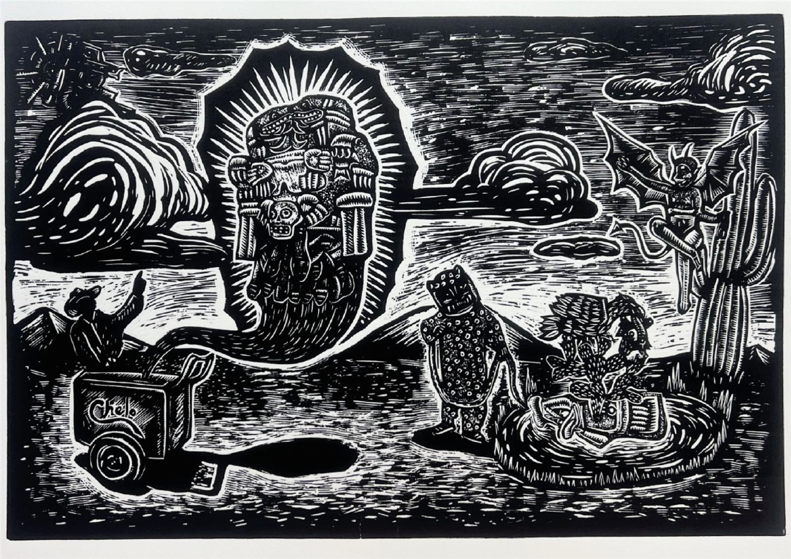 Black and white linocut print of a desert scene with skull and camera motifs
