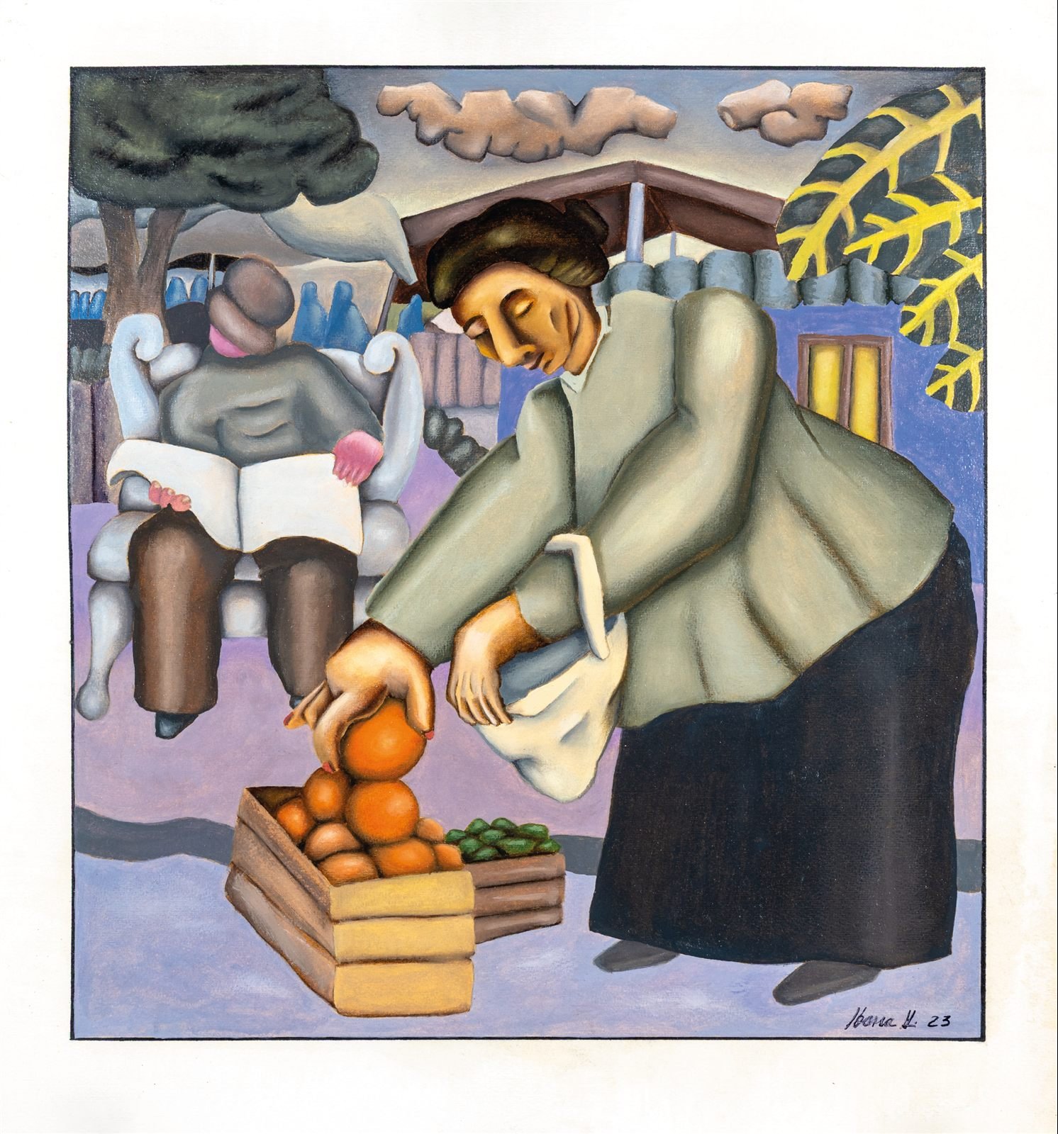 Painting of a woman selecting oranges at a market stall