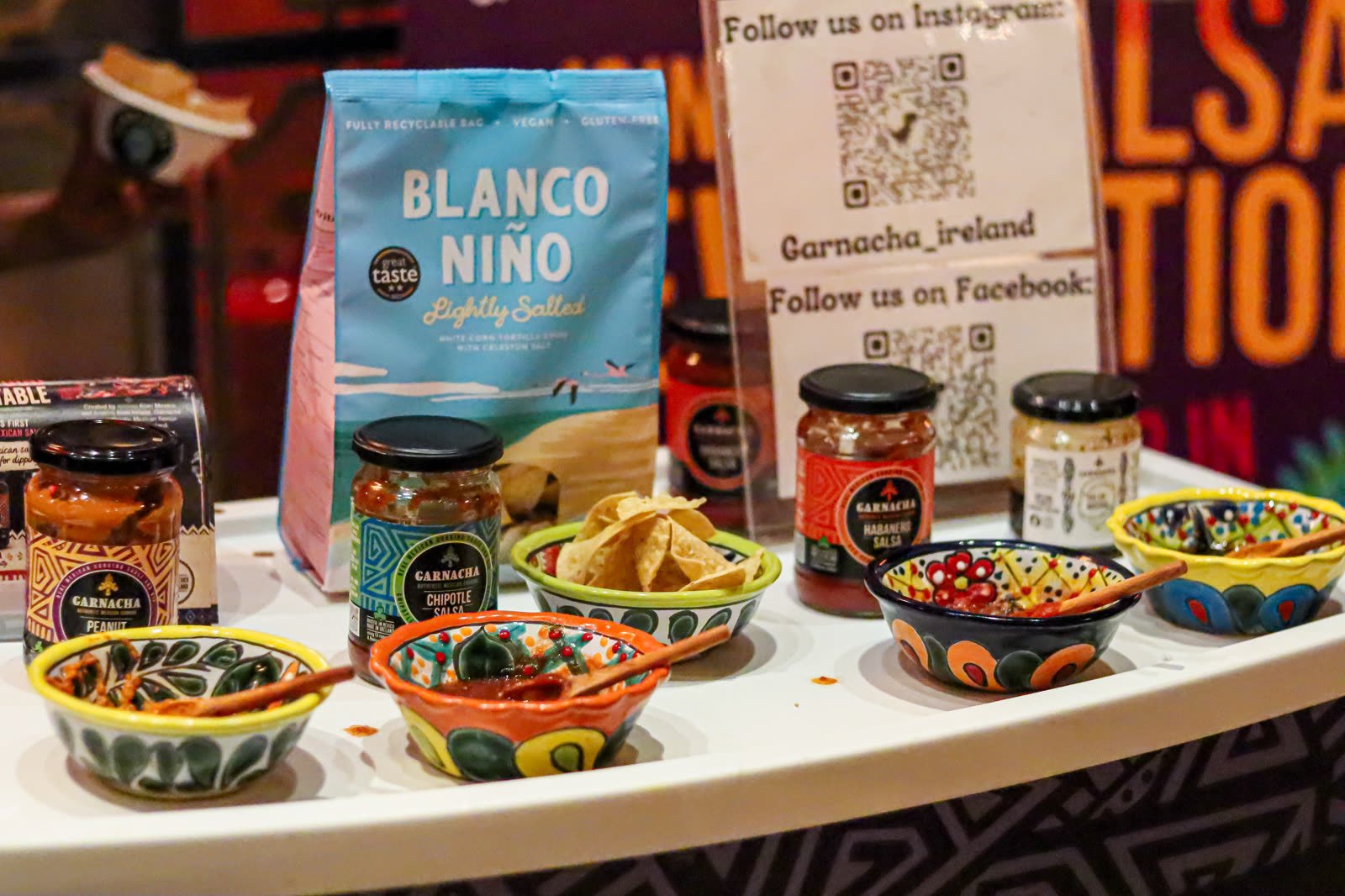 Spread of Garnacha salsas, chips and tortilla snacks